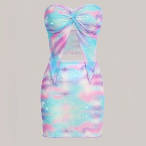 Tie Dye Asymmetrical Hem Sheer Mesh Tube Top & Skirt *NEW*